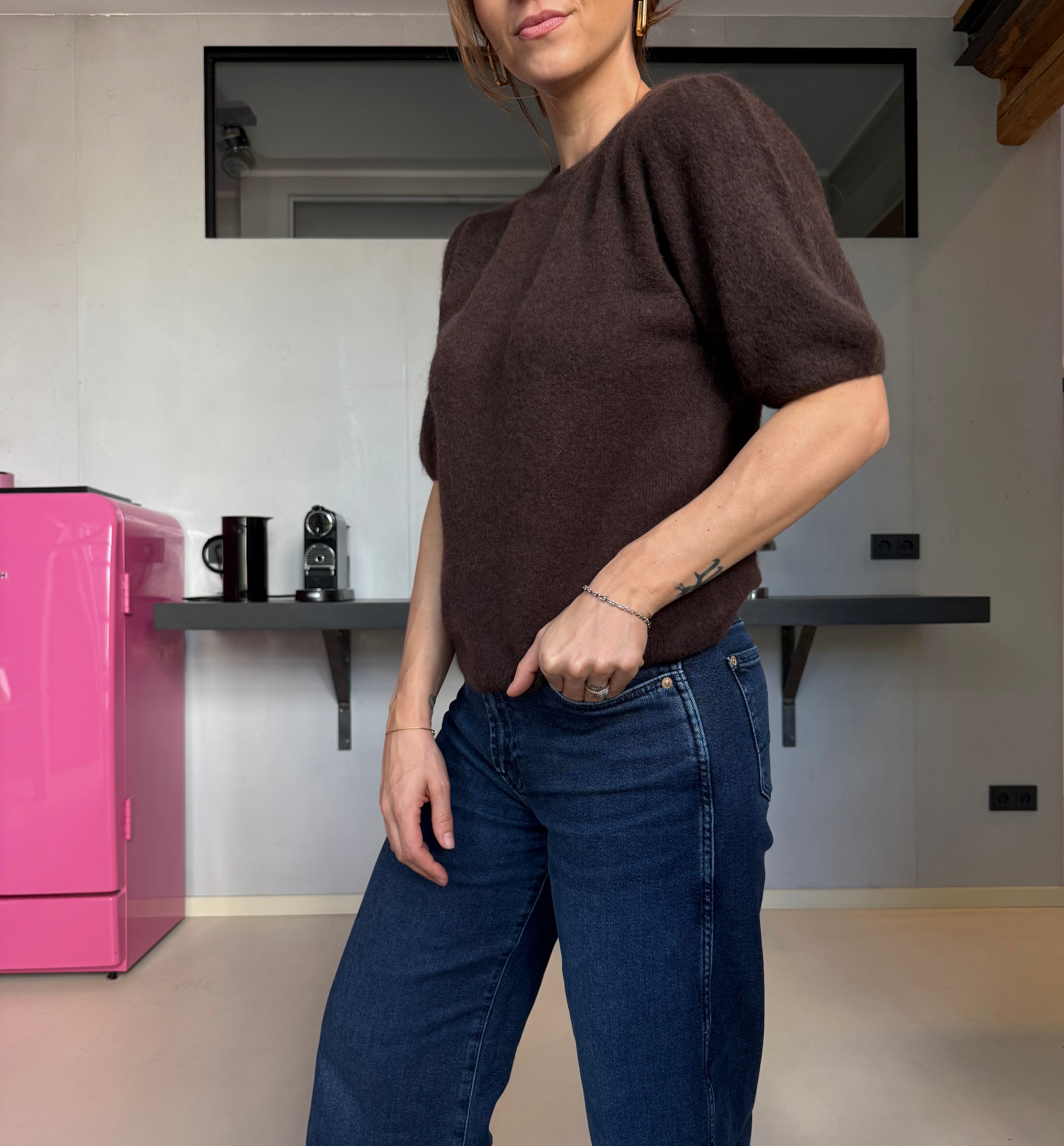 Kurzarm Strickpullover Brown