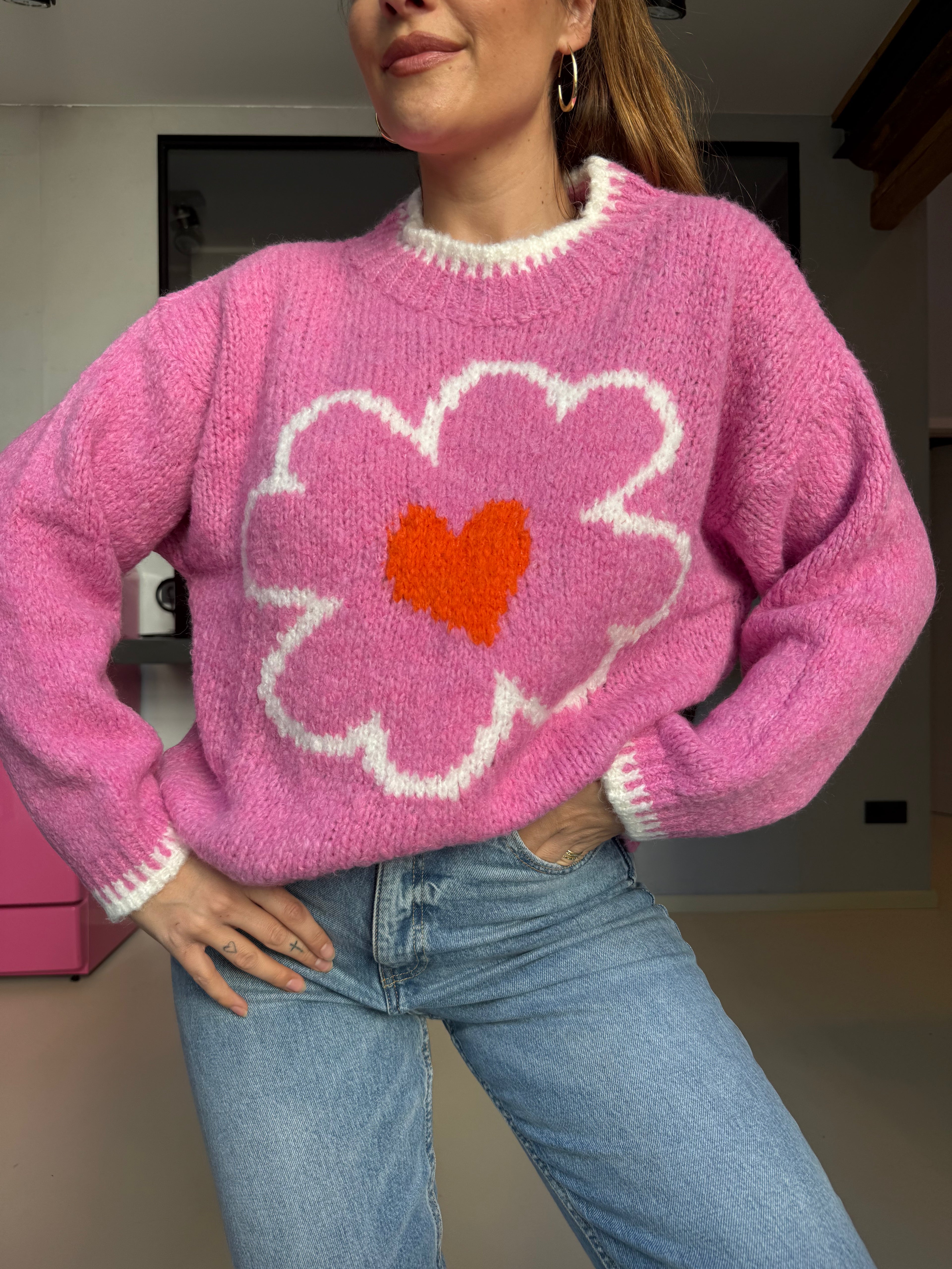 Cozy Flower Knit Pullover pink