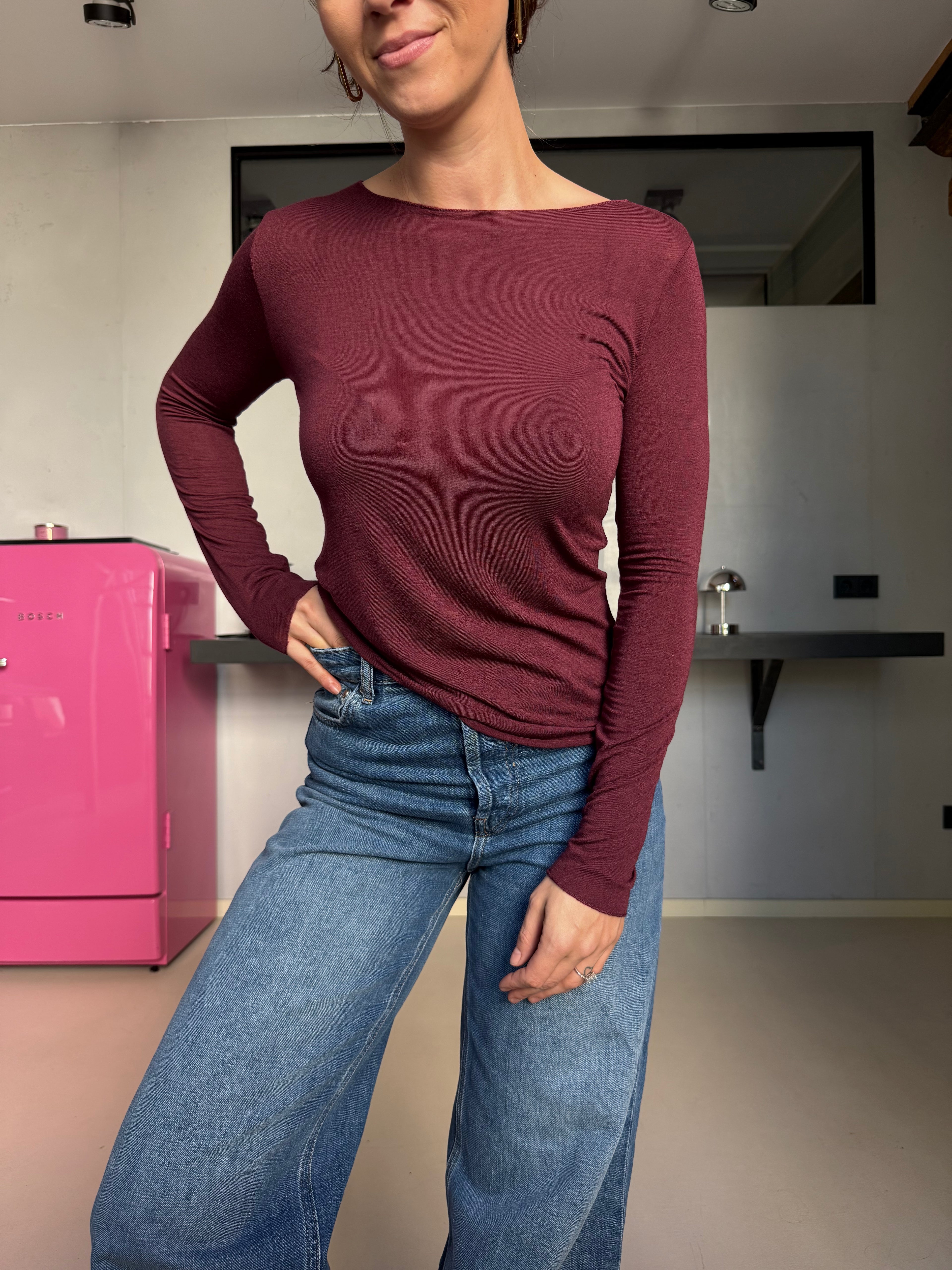 SEAMLESS COZY CASHMERE LONGTOP BORDEAUX